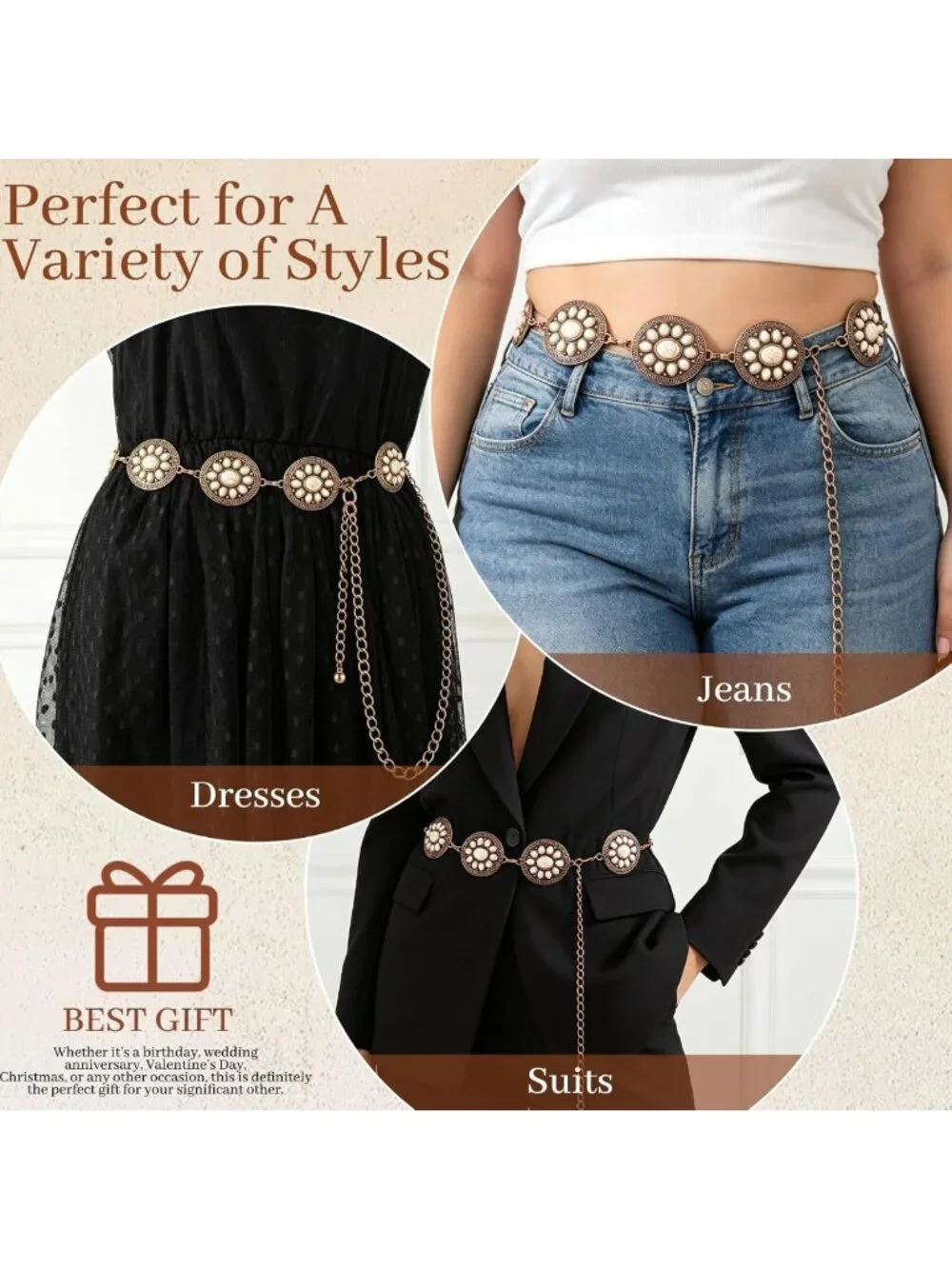 Turquoise Concho Chain Waist Belt for Women | Boho Western Style for Dresses